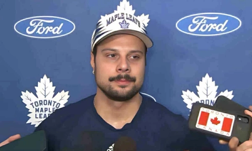 Toronto Maple Leafs captain Auston Matthews speaks to reporters after training camp practice. Toronto Maple Leafs captain Auston Matthews speaks to reporters after training camp practice.