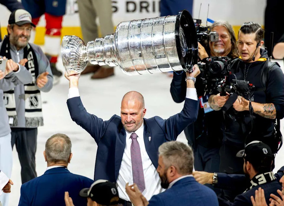 Florida Panthers General Manager, President of Hockey Operations Bill Zito lifts the Stanley Cup after defeating the Edmonton Oilers 5-1 in Game 6 of the Final at Amerant Bank Arena in Sunrise, Fla., on Tuesday, June 17, 2025, clinching the NHL championship.