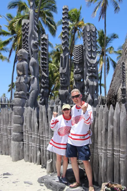 Jackie and Kenneth Herbort sporting their Red Wings jerseys.