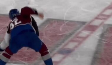 Gabriel Landeskog drops the gloves after hit on Cale Makar.