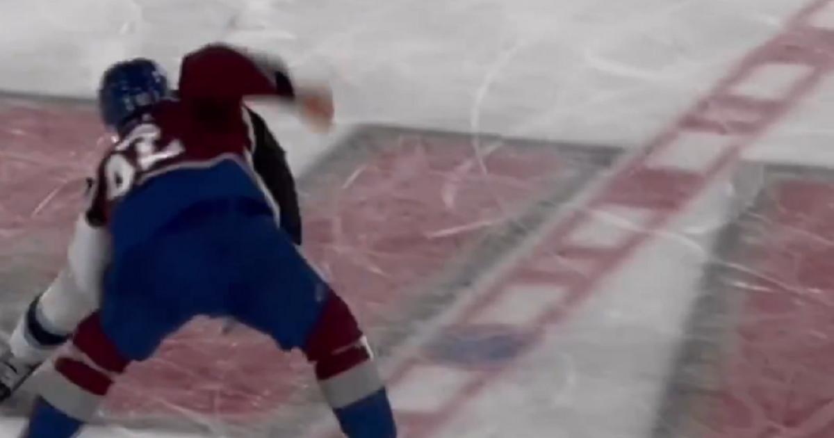 Gabriel Landeskog drops the gloves after hit on Cale Makar.