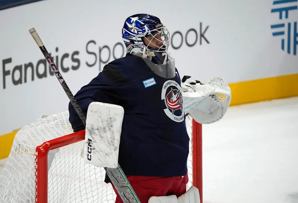 Columbus Blue Jackets goaltender Jet Greaves (73) during training camp at Nationwide Arena on September 18, 2025.