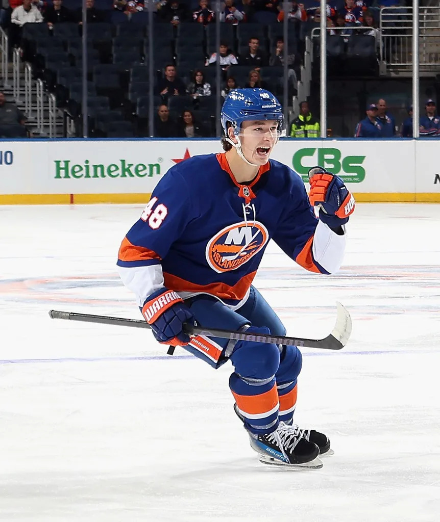 Matthew Schaefer celebrates during the Islanders-Flyers preseason game on Sept. 21, 2025. Getty Images