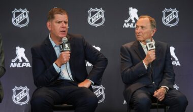 NHLPA executive director and former Boston mayor Marty Walsh (left) and NHL commissioner Gary Bettman agreed to a four-year collective bargaining agreement in July, parts of which will take effect immediately.