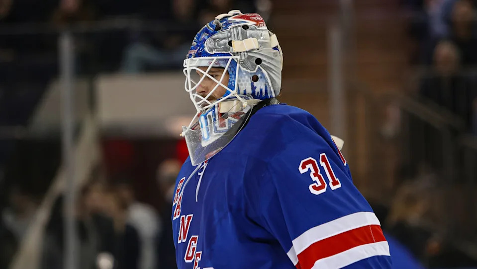 New York Rangers goalie Igor Shesterkin (31) skates to the bench.Danny Wild-Imagn Images