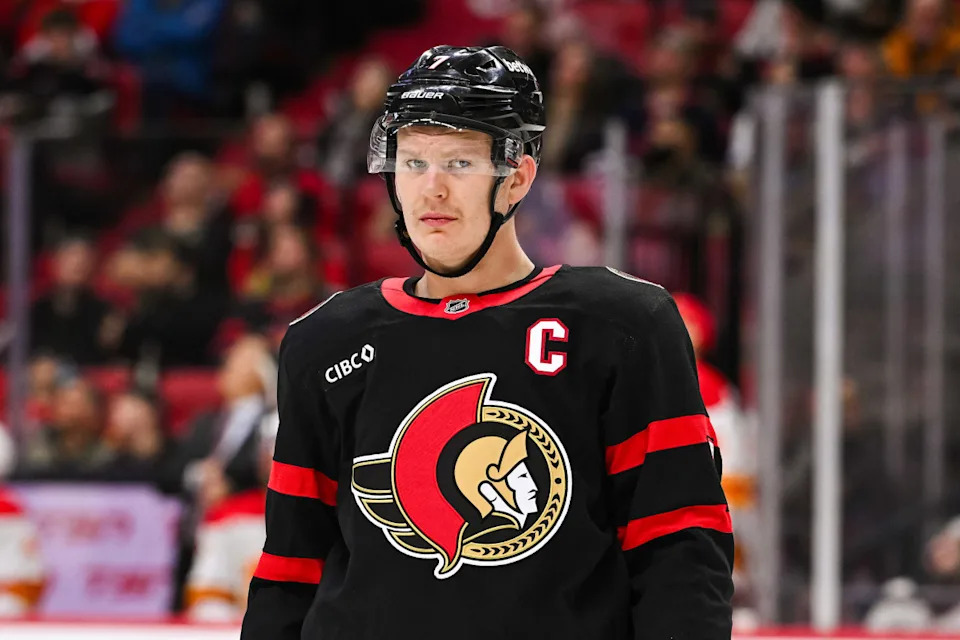 Ottawa Senators left wing Brady Tkachuk (7) looks on during a stoppage of play at Canadian Tire Centre.David Kirouac-Imagn Images