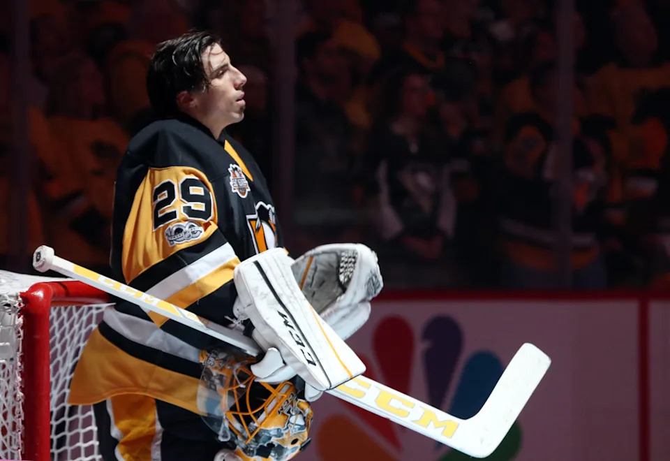 Pittsburgh Penguins goalie Marc-Andre Fleury (29) looks on during the national anthem prior to game one of the Eastern Conference Final of the 2017 Stanley Cup Playoffs against the Ottawa Senators at PPG PAINTS Arena. Charles LeClaire-USA TODAY SportsCharles LeClaire-USA TODAY Sports