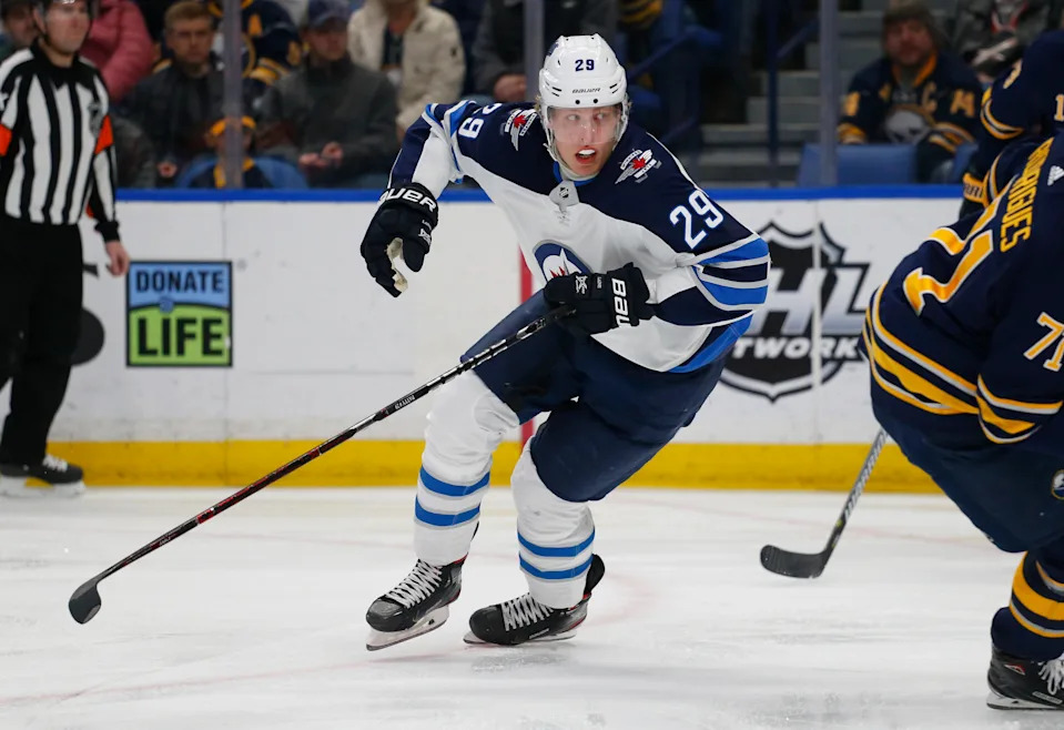 Winnipeg Jets forward Patrik Laine (29) skates during the first period of an NHL hockey game against the Buffalo Sabres, Sunday, Feb. 10, 2019, in Buffalo N.Y. (AP Photo/Jeffrey T. Barnes)
