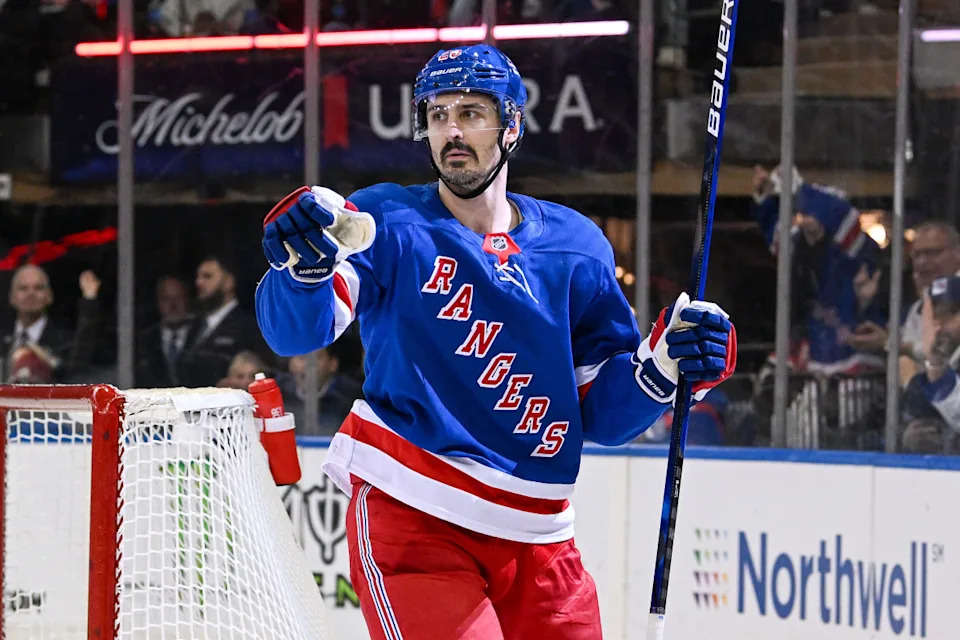 New York Rangers left wing Chris Kreider (20) celebrates his goal against the New Jersey Devils during the second period at Madison Square Garden. Dennis Schneidler-Imagn ImagesDennis Schneidler-Imagn Images