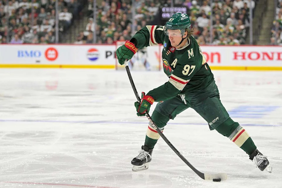 Minnesota Wild forward Kirill Kaprizov (97) takes a shot on goal against the Vegas Golden Knights during the second period in game six of the first round of the 2025 Stanley Cup Playoffs at Xcel Energy Center. 