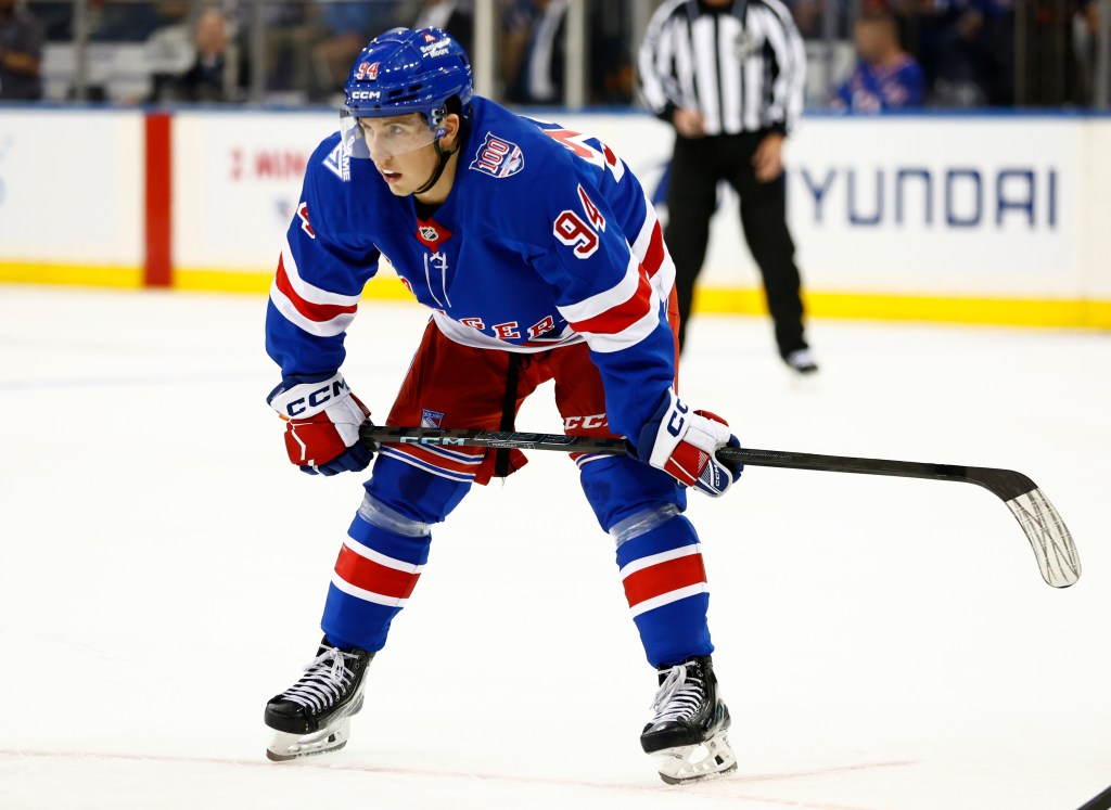 New York Rangers right wing Gabe Perreault (94) during the first period of a NHL preseason hockey game against the Boston Bruins.