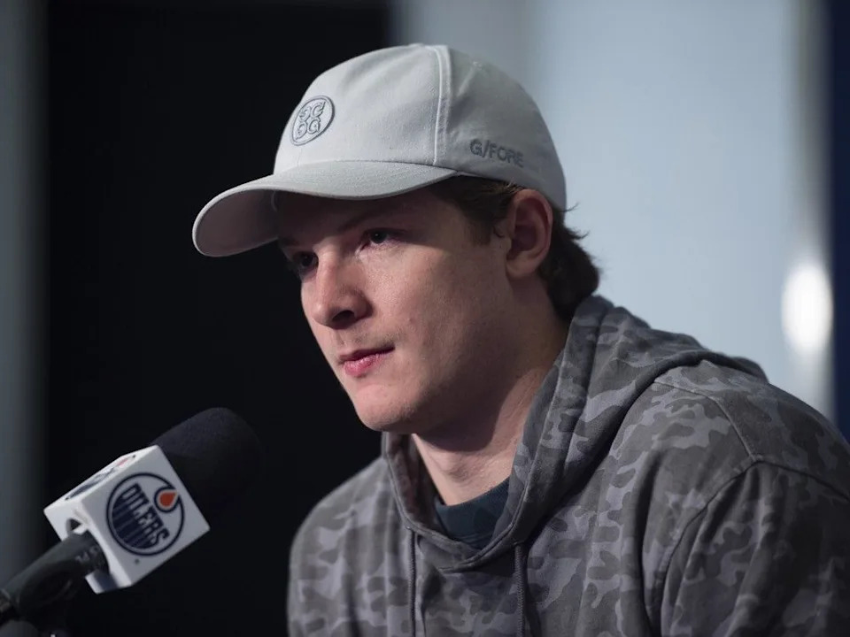  Trent Frederic (21) spoke with the media at the season exit interviews at Rogers Place in Edmonton on Thursday, June 19, 2025.