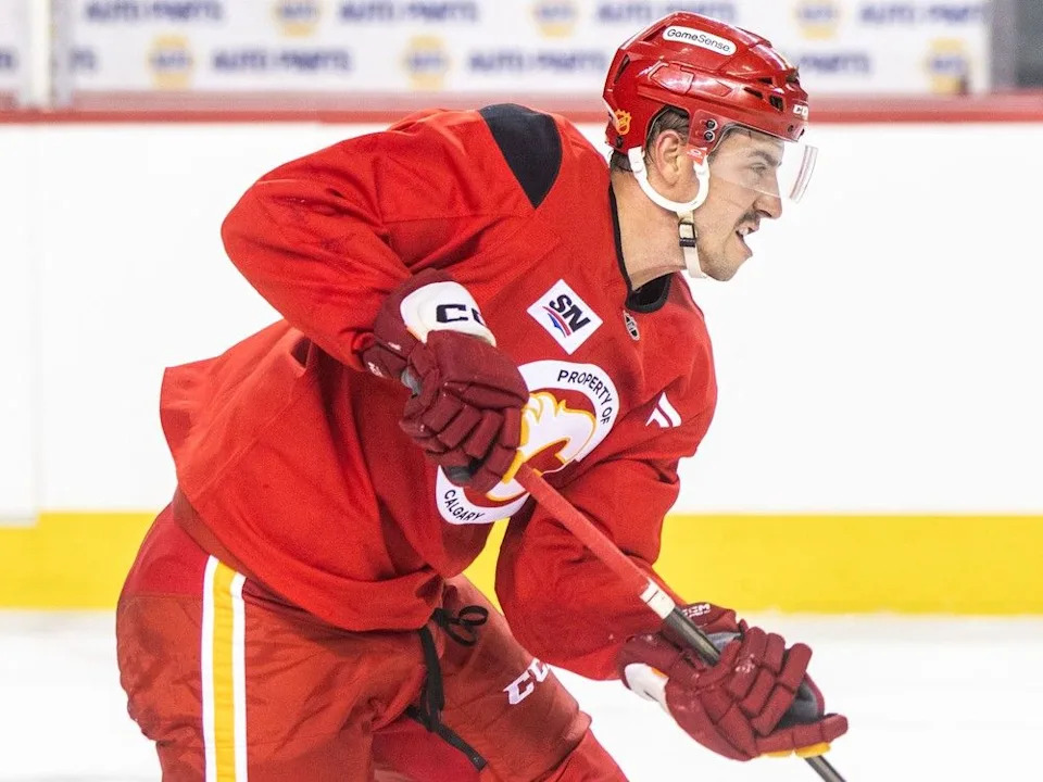  Centre Morgan Frost was photographed during practice with the Calgary Flames at the Scotiabank Saddledome on Friday, Sept. 19, 2025.