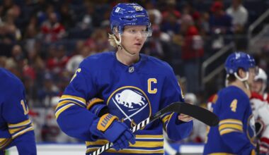 Buffalo Sabres defenseman Rasmus Dahlin (26) looks on during the first period of an NHL hockey game against the Montreal Canadiens Monday, Nov. 11, 2024, in Buffalo, N.Y. (AP Photo/Jeffrey T. Barnes)