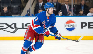 New York Rangers center Juuso Parssinen (71) moves the puck against Los Angeles Kings right wing Quinton Byfield (55) during the first period at Crypto.com Arena