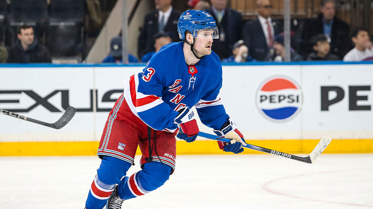 New York Rangers center Juuso Parssinen (71) moves the puck against Los Angeles Kings right wing Quinton Byfield (55) during the first period at Crypto.com Arena