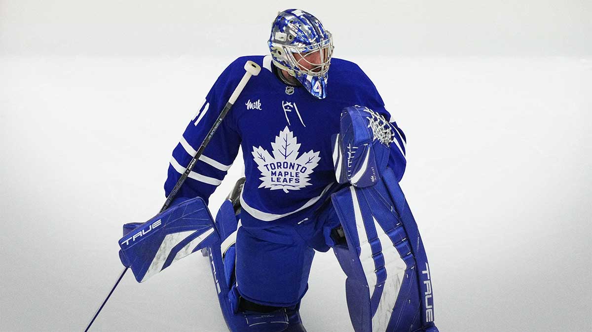 Toronto Maple Leafs goaltender Anthony Stolarz (41) during warm up before game seven of the second round of the 2025 Stanley Cup Playoffs against the Florida Panthers at Scotiabank Arena.