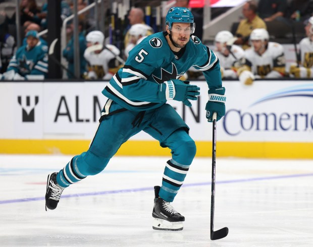 Sharks defenseman Vincent Desharnais (5) skates during their game against the Vegas Golden Knights on Sunday, Sept. 21, 2025, in San Jose, Calif. (Aric Crabb/Bay Area News Group)