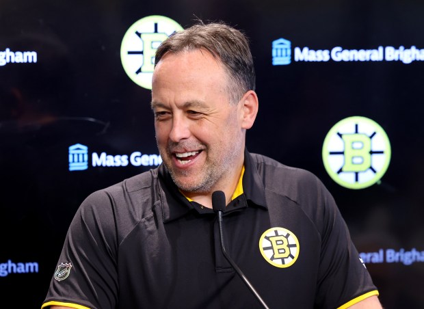 Boston Bruins coach Marco Sturm speaks during a press conference Wednesday at the Warrior Ice Arena. (Mark Stockwell/Boston Herald)