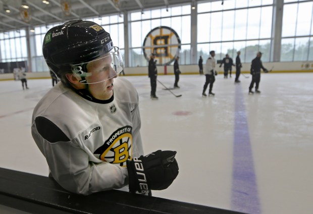 Forward Dans Locmelis takes a break as the Boston Bruins hold rookie practice. (Staff Photo By Stuart Cahill/Boston Herald)