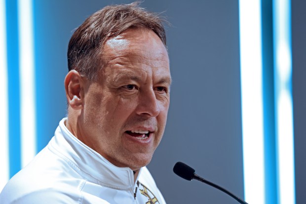 Boston Bruins head coach Marco Sturm speaks to the media as the Bruins introduce Zdeno Chara as an advisor. (Staff Photo By Stuart Cahill/Boston Herald)