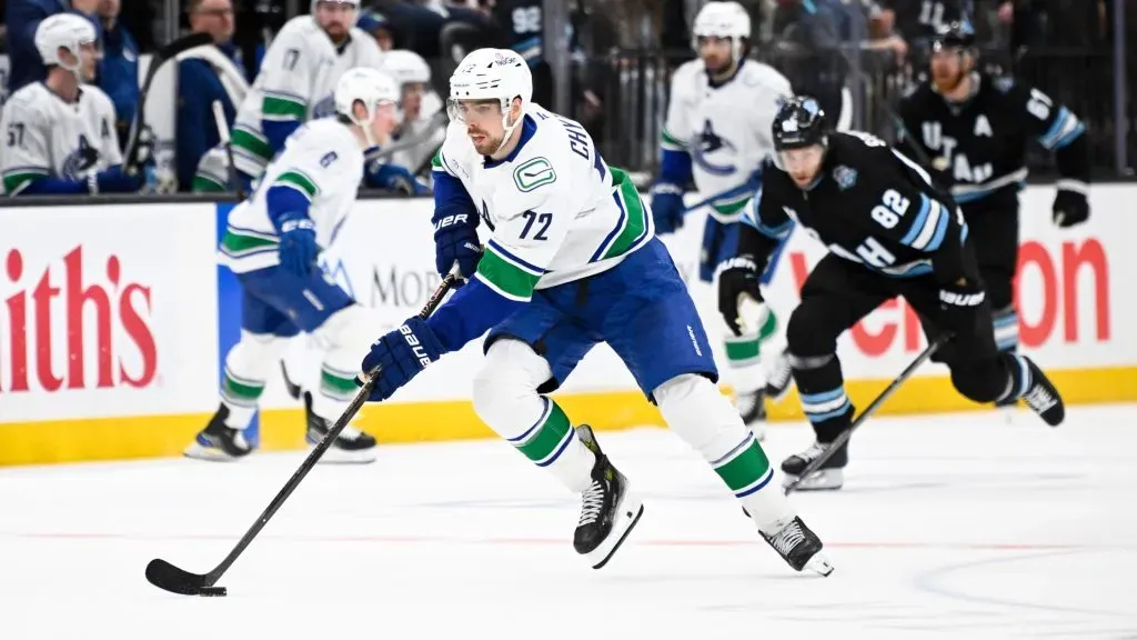 Filip Chytil #72 of the Vancouver Canucks carries the puck. (Photo by Alex Goodlett/Getty Images)