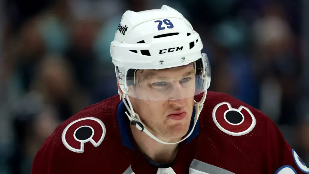 Nathan MacKinnon looks on during a game