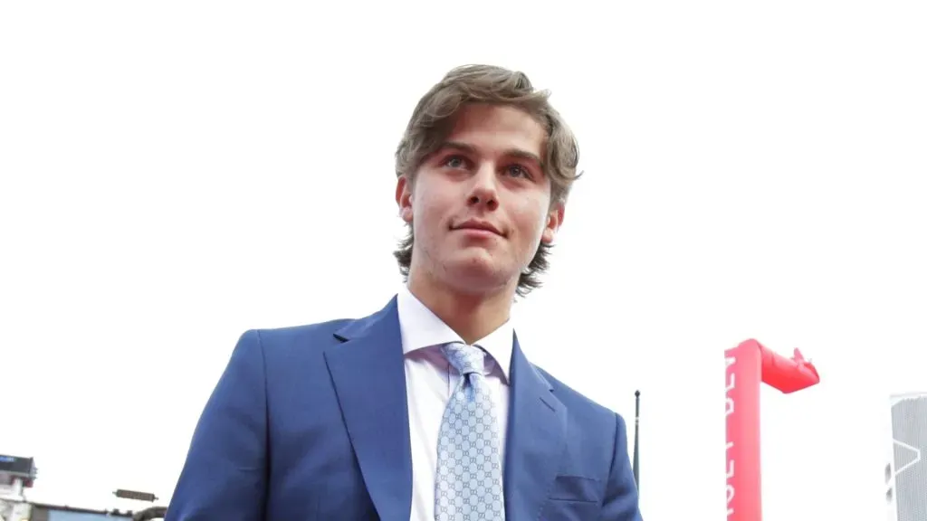 Jack Hughes arrives prior to a game