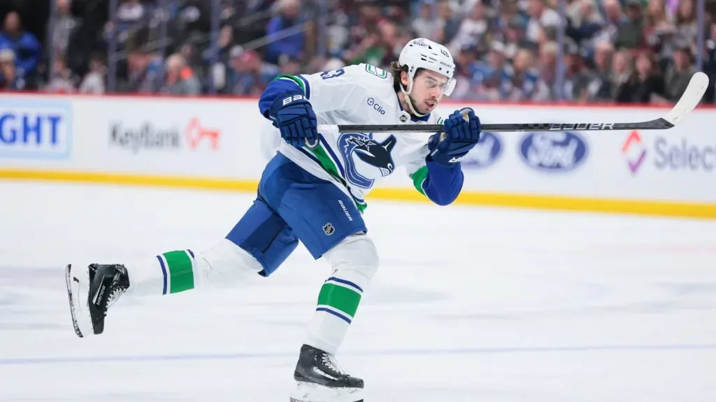 Quinn Hughes #43 of the Vancouver Canucks shoots the puck. (Photo by C. Morgan Engel/Getty Images)