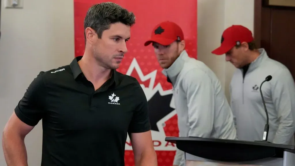 Sidney Crosby walks in to speak to media during Hockey Canada’s 2025 National Teams Orientation Camp. (Photo by Leah Hennel/Getty Images)