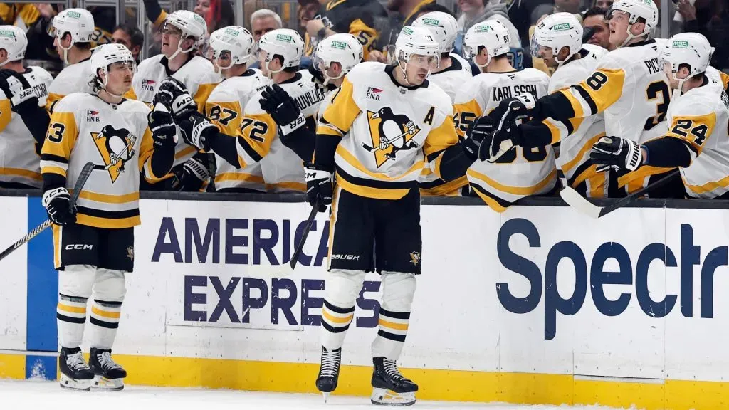 Evgeni Malkin #71 of the Pittsburgh Penguins celebrates a goal. (Photo by Ronald Martinez/Getty Images)