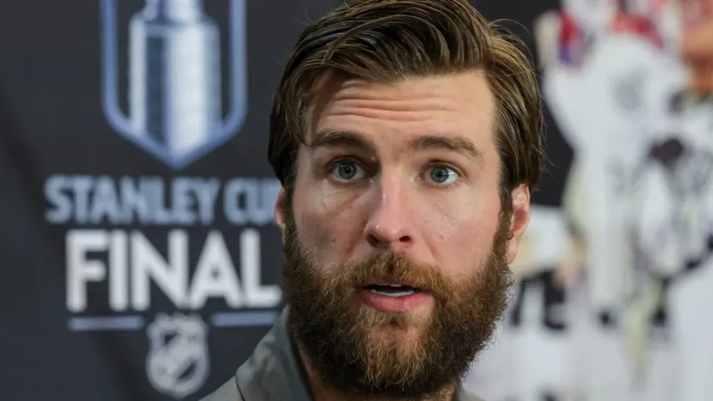 Alex Pietrangelo speaks with the media