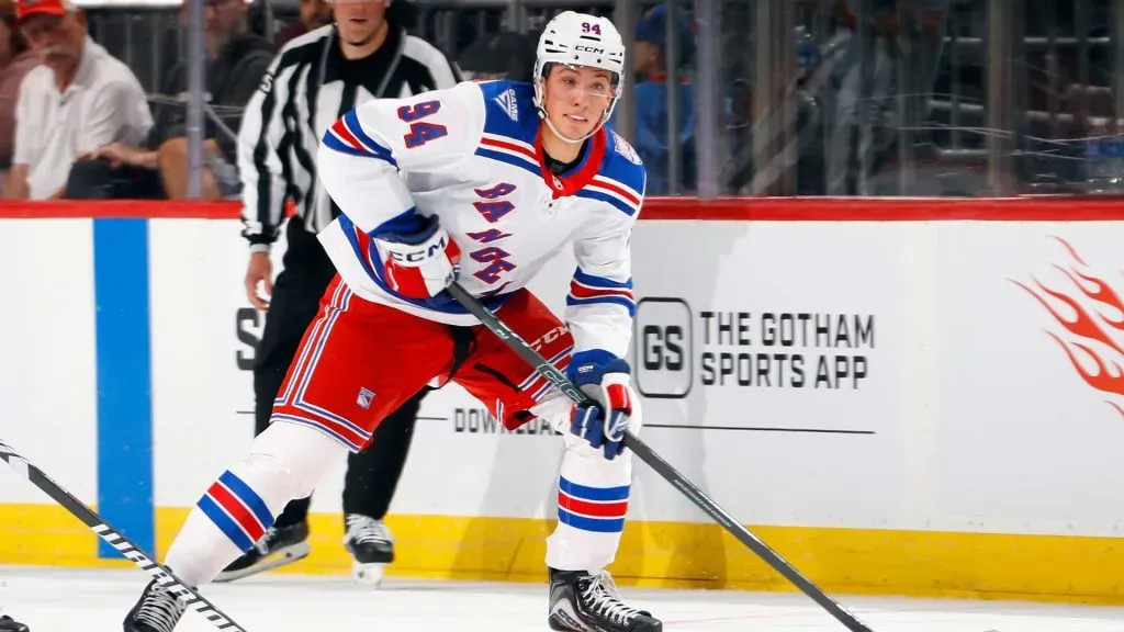 Gabe Perreault #94 of the New York Rangers skates against the New Jersey Devils in a preseason game. (Photo by Bruce Bennett/Getty Images)