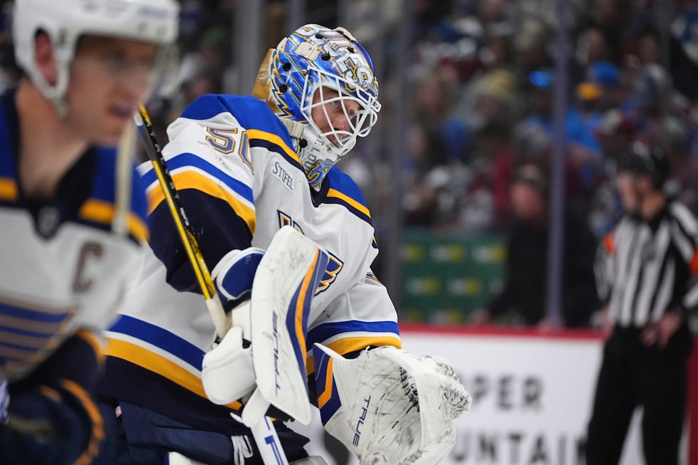 St. Louis Blues goaltender Jordan Binnington skates back to the net as a time out ends in the...