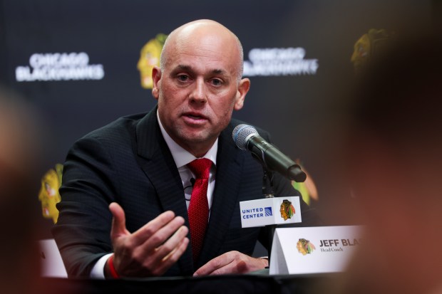 New Blackhawks coach Jeff Blashill speaks during an introductory news conference at the United Center on May 27, 2025. (Eileen T. Meslar/Chicago Tribune)