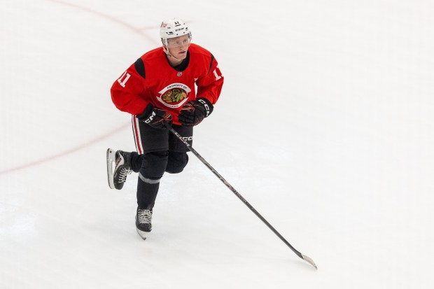 Chicago Blackhawks center Oliver Moore skates around during practice at the Fifth Third Arena in Chicago on Wednesday, Sept. 10, 2025. (Dominic Di Palermo/ Chicago Tribune)