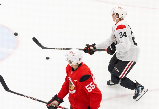 Chicago Blackhawks right wing Nathan Behm shoots around during practice at the Fifth Third Arena in Chicago on Wednesday, Sept. 10, 2025. (Dominic Di Palermo/ Chicago Tribune)