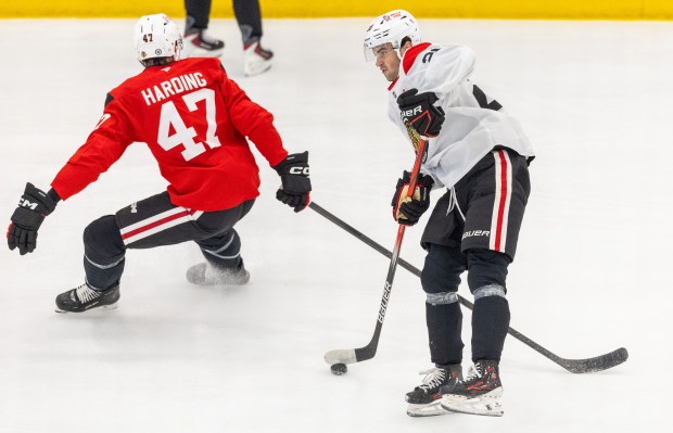 Chicago Blackhawks center Ryan Greeneshoots the puck on goal during practice at the Fifth Third Arena in Chicago on Wednesday, Sept. 10, 2025. (Dominic Di Palermo/ Chicago Tribune)