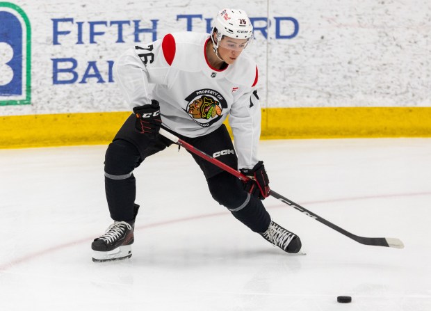 Chicago Blackhawks left wing Nick Lardis shoots the puck on goal during practice at the Fifth Third Arena in Chicago on Wednesday, Sept. 10, 2025. (Dominic Di Palermo/ Chicago Tribune)