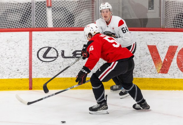 Chicago Blackhawks right wing Nathan Behm passes to a teammate during practice at the Fifth Third Arena in Chicago on Wednesday, Sept. 10, 2025. (Dominic Di Palermo/ Chicago Tribune)