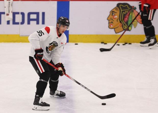 Right wing Ilya Mikheyev (95) practices Thursday, Sept. 18, 2025, as the Chicago Blackhawks begin training camp at Fifth Third Arena. (Brian Cassella/Chicago Tribune)