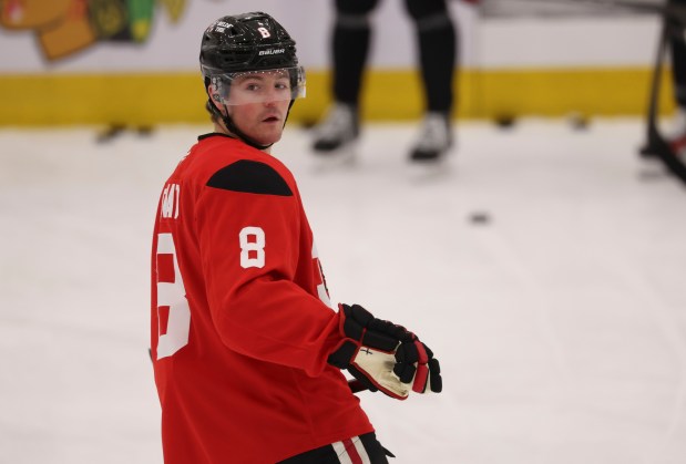 Center Ryan Donato (8) practices Thursday, Sept. 18, 2025, as the Chicago Blackhawks begin training camp at Fifth Third Arena. (Brian Cassella/Chicago Tribune)