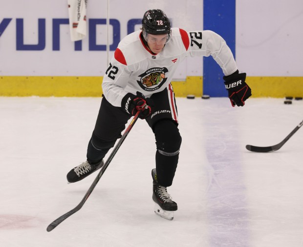 Defenseman Alex Vlasic (72) practices Thursday, Sept. 18, 2025, as the Chicago Blackhawks begin training camp at Fifth Third Arena. (Brian Cassella/Chicago Tribune)