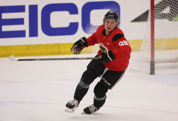 Center Connor Bedard (98) practices Thursday, Sept. 18, 2025, as the Chicago Blackhawks begin training camp at Fifth Third Arena. (Brian Cassella/Chicago Tribune)