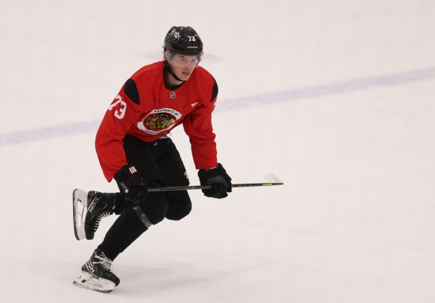 Left wing Lukas Reichel (73) practices Thursday, Sept. 18, 2025, as the Chicago Blackhawks begin training camp at Fifth Third Arena. (Brian Cassella/Chicago Tribune)
