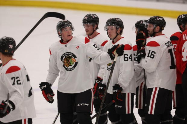 Players line up during practice Thursday, Sept. 18, 2025, as the Chicago Blackhawks begin training camp at Fifth Third Arena. (Brian Cassella/Chicago Tribune)