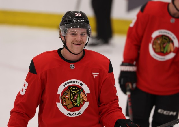 Defenseman Ethan Del Mastro (38) practices Thursday, Sept. 18, 2025, as the Chicago Blackhawks begin training camp at Fifth Third Arena. (Brian Cassella/Chicago Tribune)