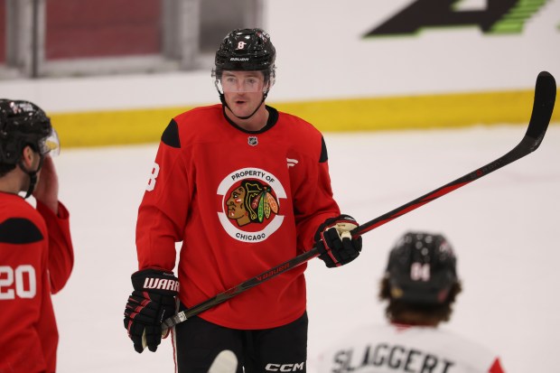 Center Ryan Donato (8) practices Thursday, Sept. 18, 2025, as the Chicago Blackhawks begin training camp at Fifth Third Arena. (Brian Cassella/Chicago Tribune)