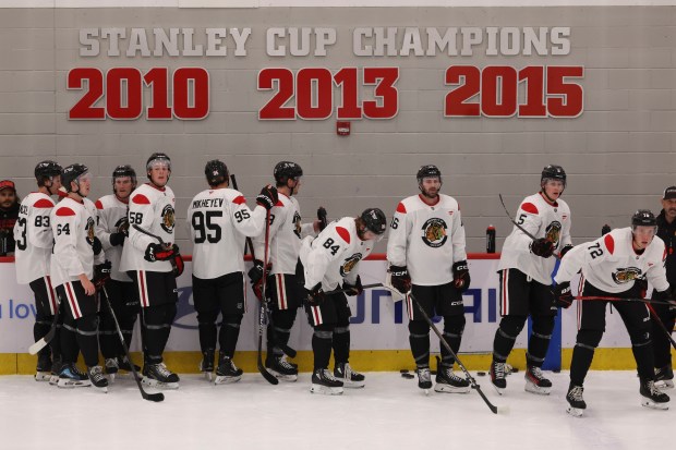 Players line up during practice Thursday, Sept. 18, 2025, as the Chicago Blackhawks begin training camp at Fifth Third Arena. (Brian Cassella/Chicago Tribune)