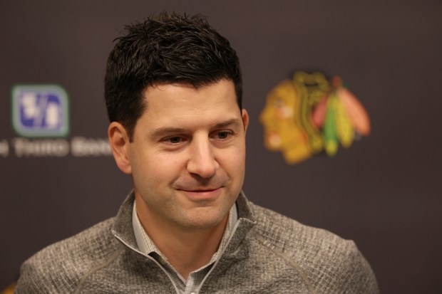 General manager Ryan Davidson speaks Thursday, Sept. 18, 2025, as the Chicago Blackhawks begin training camp at Fifth Third Arena. (Brian Cassella/Chicago Tribune)